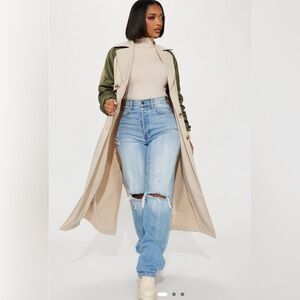 Fashion Nova Green Cream Trench Coat with Military-Inspired Design Jacket Fall